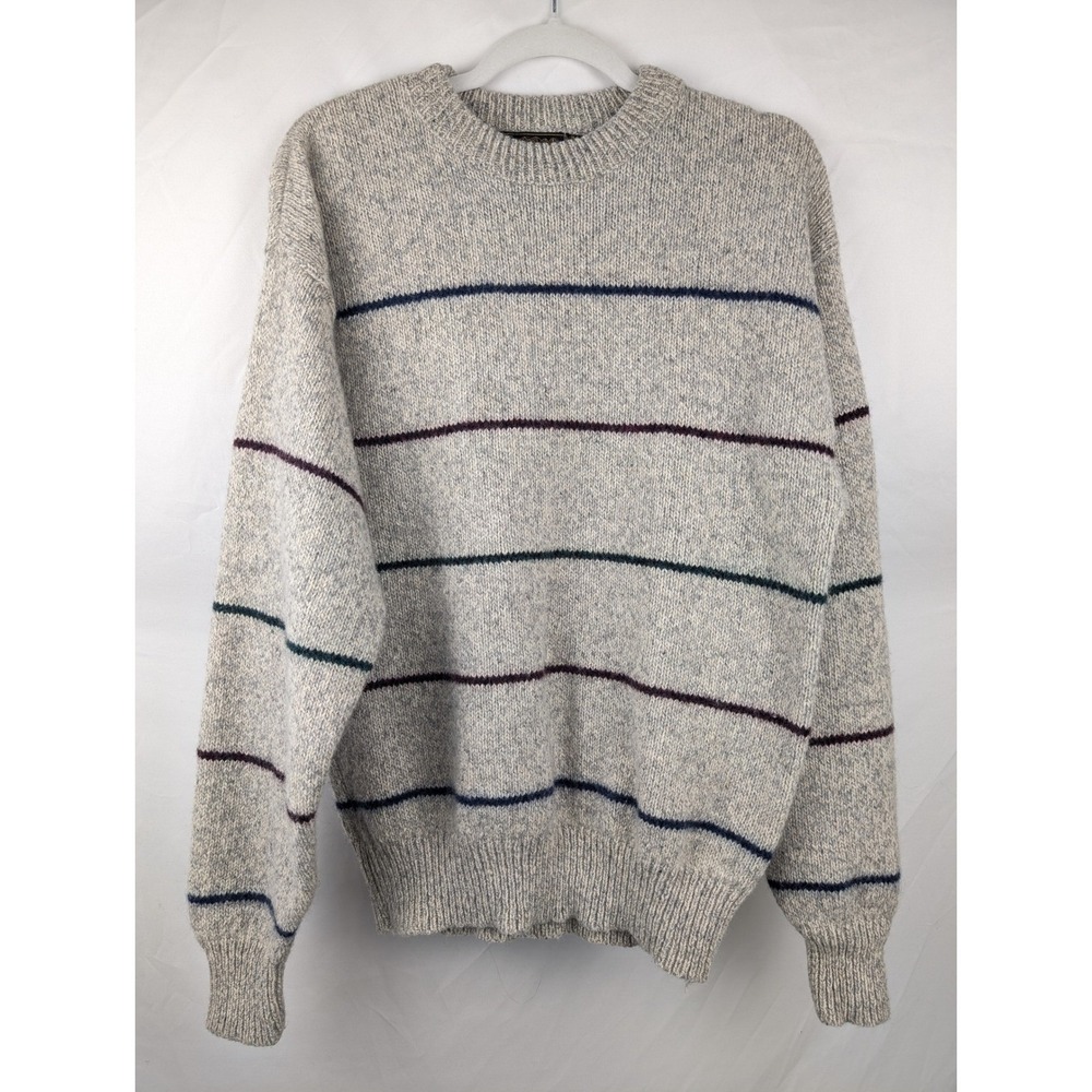 Vintage Y2K Mens Striped Chunky Knit Wool Crewneck Sweater Size M Gray Grunge